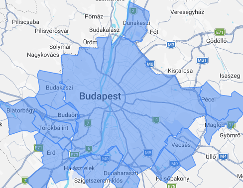 Masszázs szolgáltatási terület térkép - Budapest és környéke